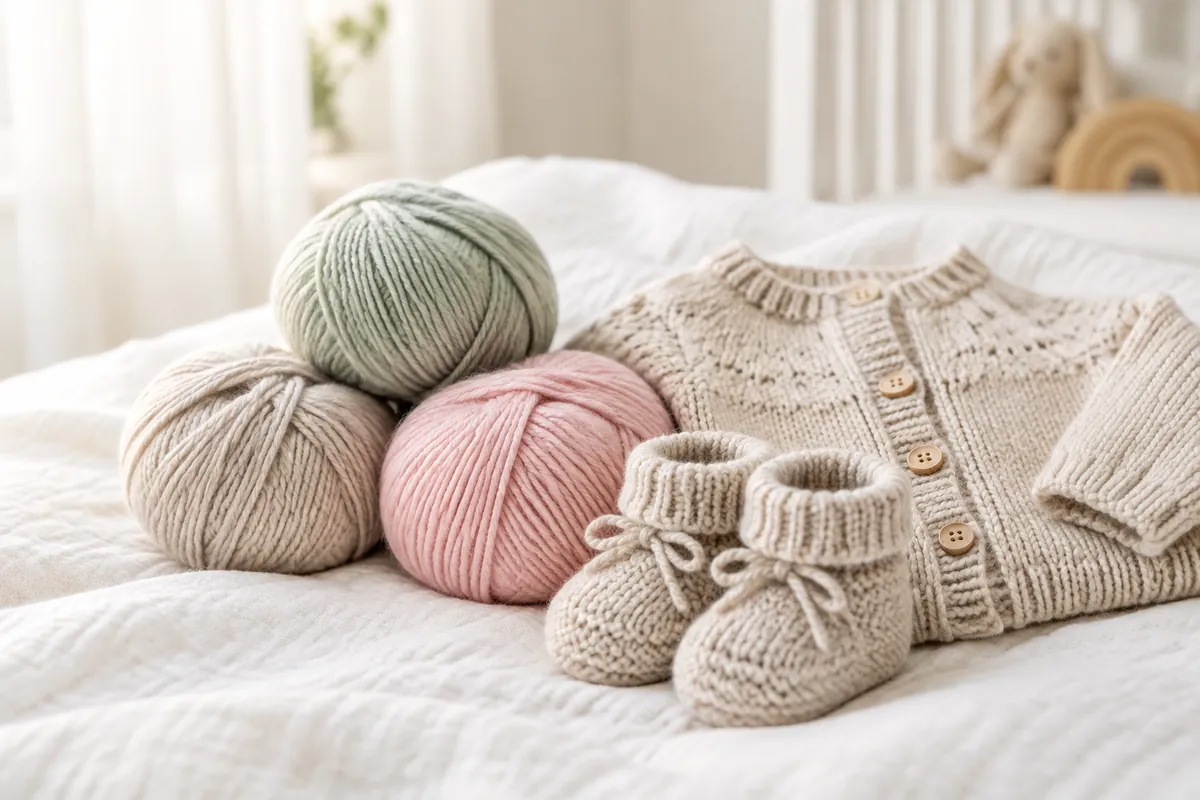 Babygarn i pastelfarver ved en lille strikket babycardigan og strikkede babysko