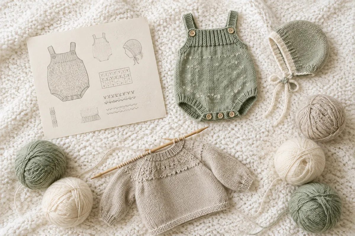 Skitser til babystrik ved en strikket babydragt, babyhue og en lille sweater
