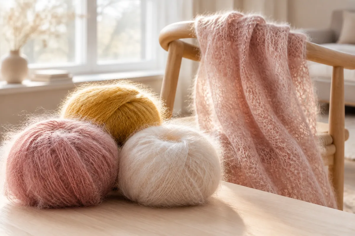 Luftige nøgler af silkemohair i rosa, sennep og creme med et let mohairstrik over en stol