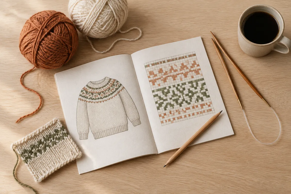 Opslået strikkeopskrift med sweater og mønsterdiagram, garn, rundpind og en kop kaffe