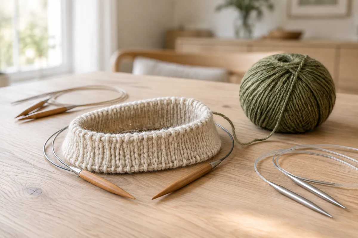 Rundpinde i træ og metal, den ene med en sweaterkrop strikket rundt i cremefarvet uld