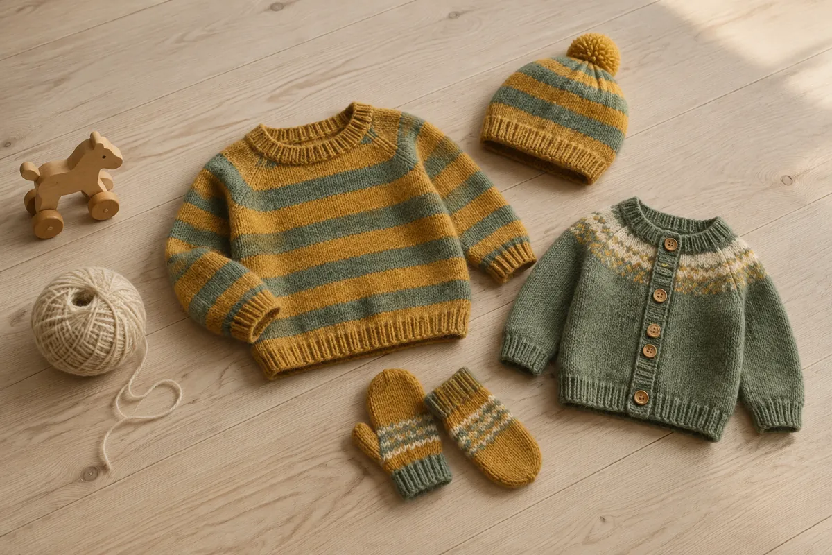 Strikket børnetøj: stribet sweater, cardigan, hue og vanter på et trægulv