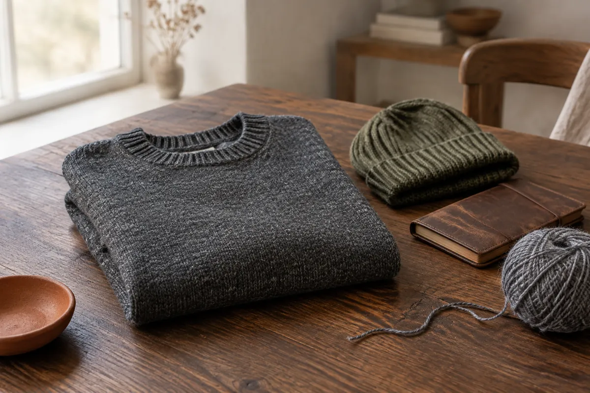 Strikket herresweater i koksgrå uld ved en mosgrøn hue på et mørkt egetræsbord