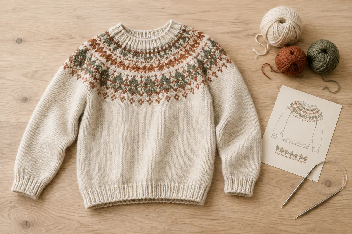 Færdigstrikket sweater med nordisk bærestykke ved skitsen af samme sweater